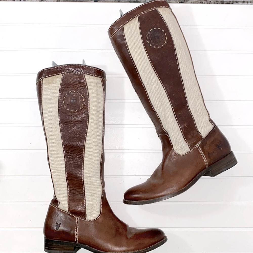 Frye Melissa Leather Canvas Knee High Tall Riding Boot